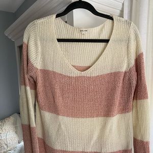 Pink and cream v neck long sleeve striped sweater